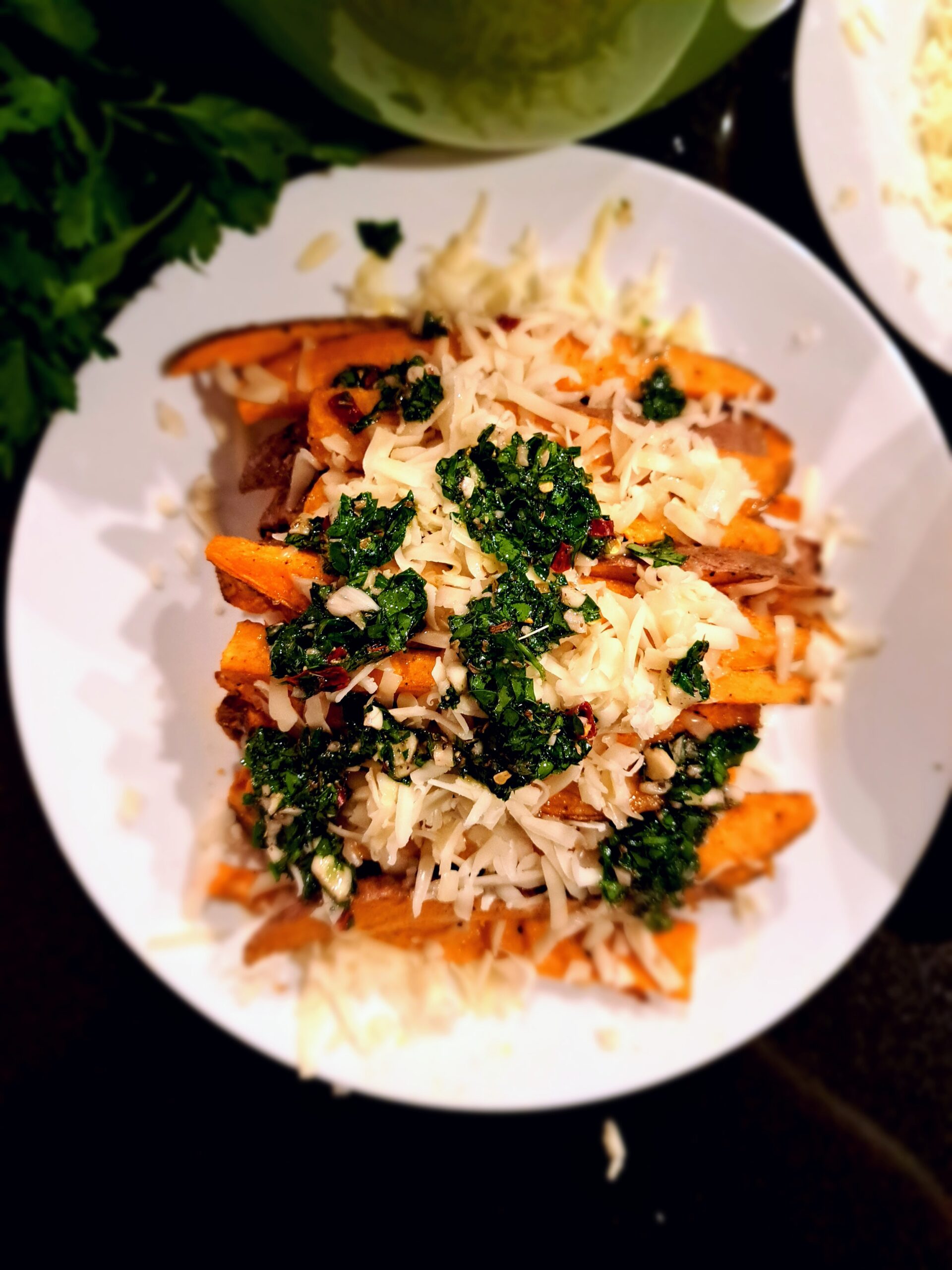 Sweet Potato Fries with Chimichurri and Cheese