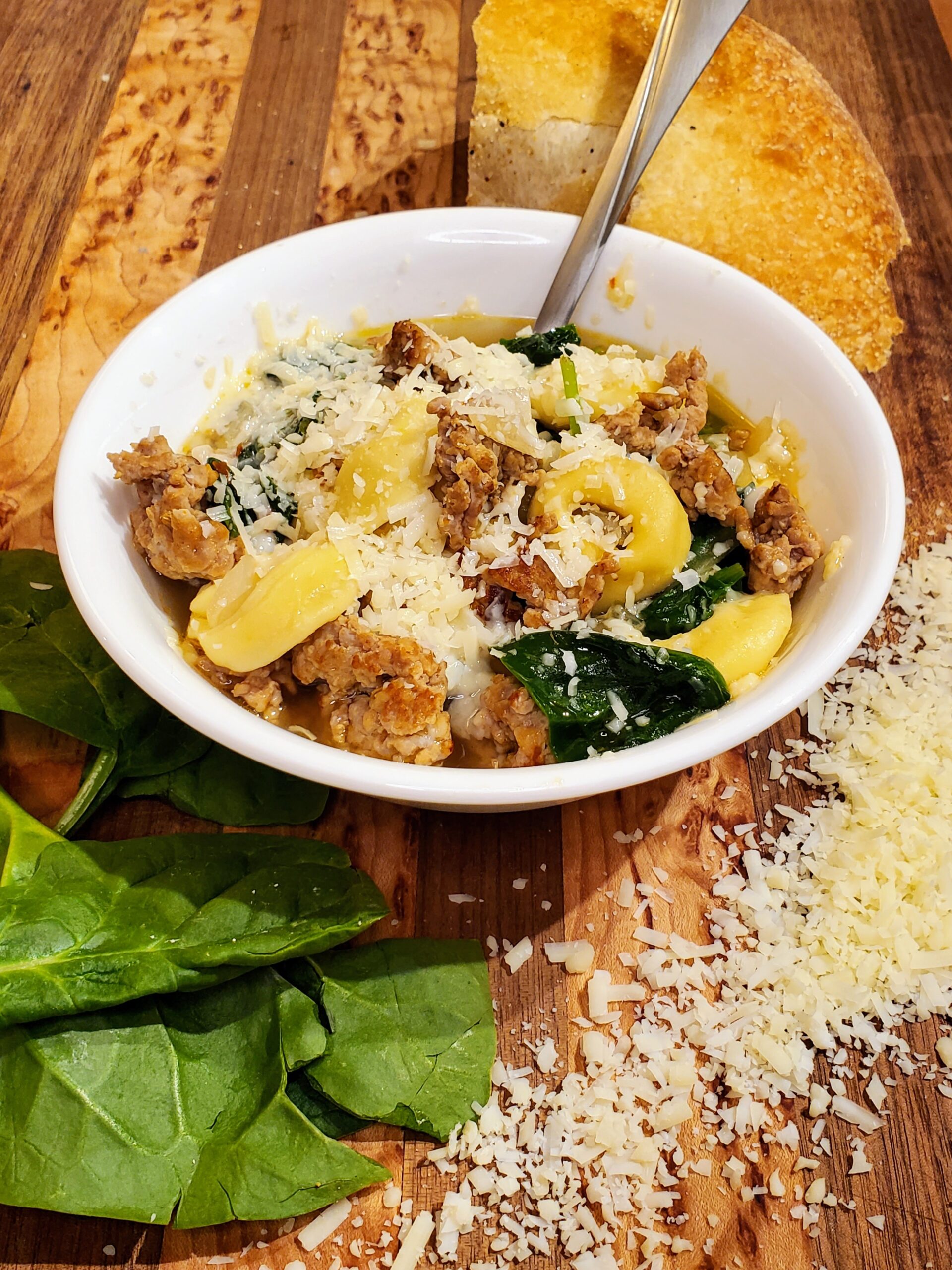 Spinach Tortellini Soup with Sausage and Cheese