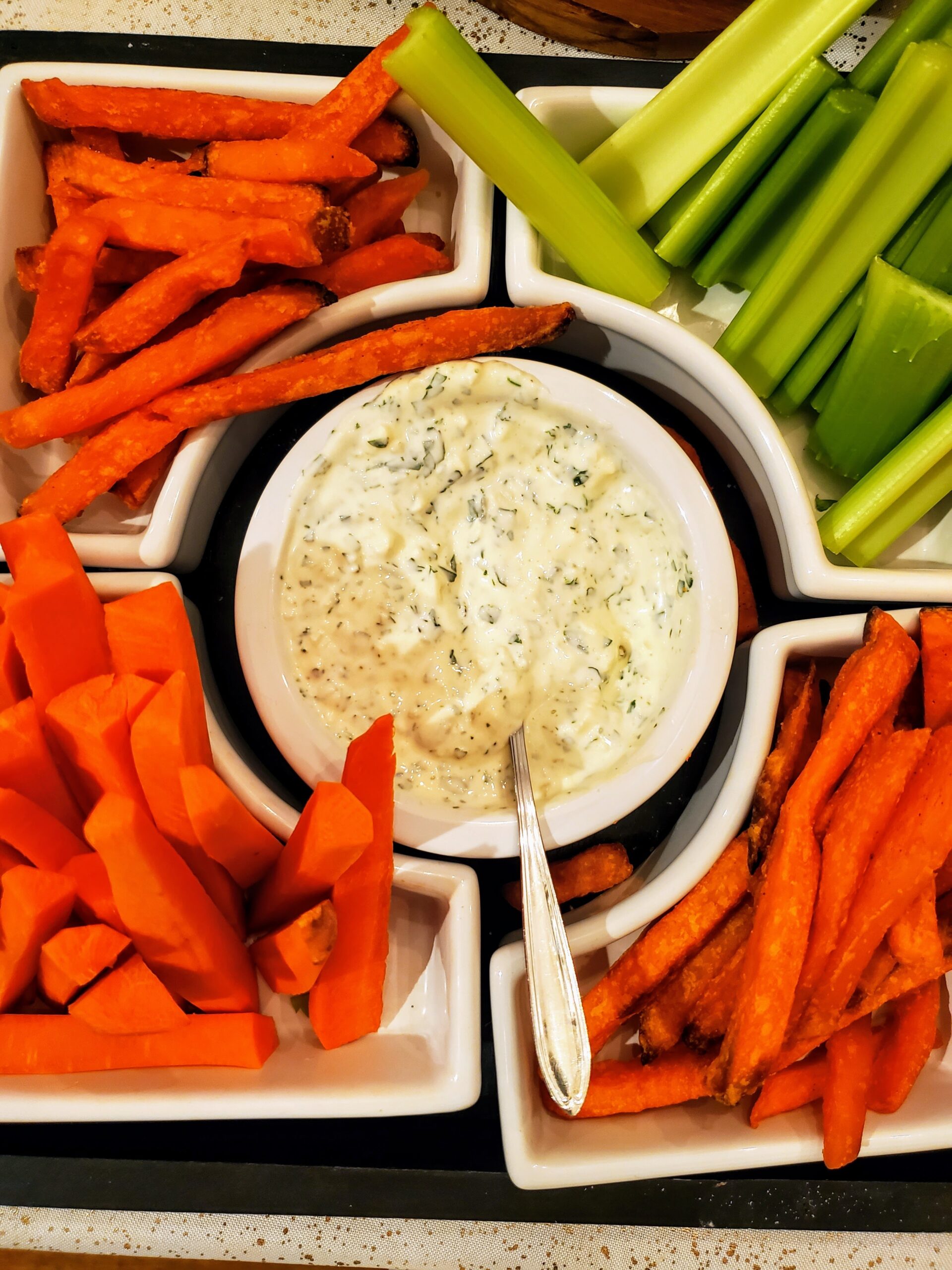 Blue cheese dressing, carrots, celery, sweet potato fries